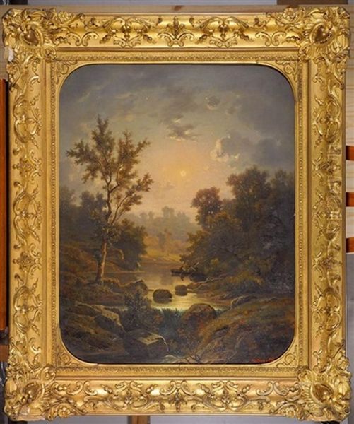 Clair De Lune Sur L'etang Oil Painting by Antoine Claude Ponthus-Cinier