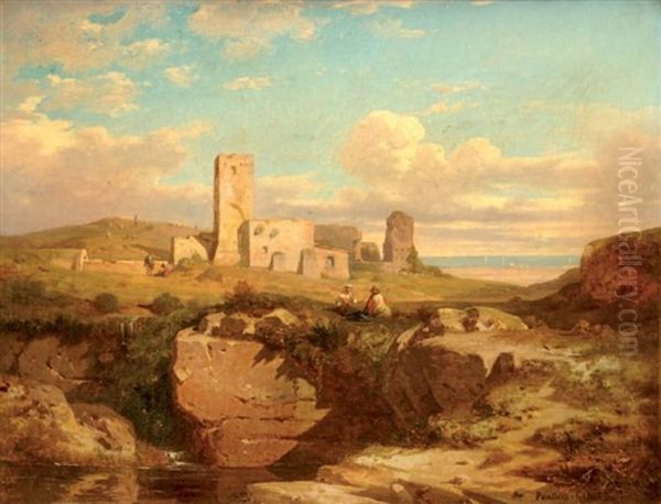 Couple De Bergers Devant Des Ruines En Italie Oil Painting by Antoine Claude Ponthus-Cinier