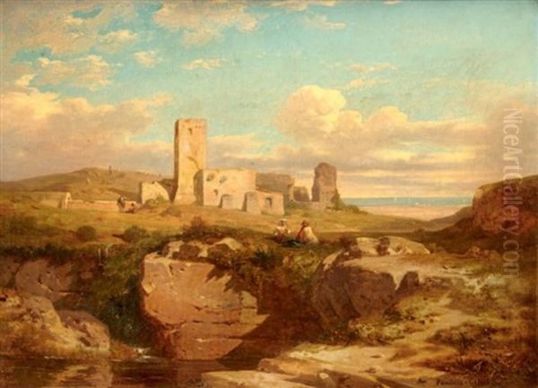 Couple De Bergers Devant Des Ruines En Italie Oil Painting by Antoine Claude Ponthus-Cinier