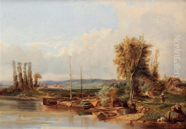 Couple Au Bord De L'etang Oil Painting by Antoine Claude Ponthus-Cinier