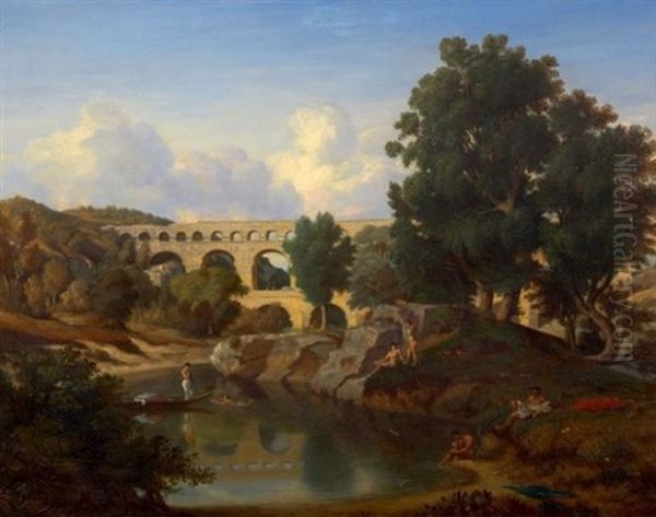 Les Abords Du Pont Du Gard Anime De Baigneurs Oil Painting by Antoine Claude Ponthus-Cinier