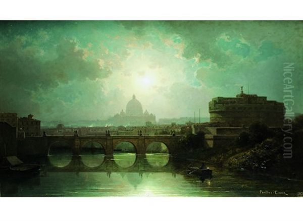 Clair De Lune Sur Le Tibre Avec Le Chateau Saint Ange Et Saint Pierre De Rome Oil Painting by Antoine Claude Ponthus-Cinier