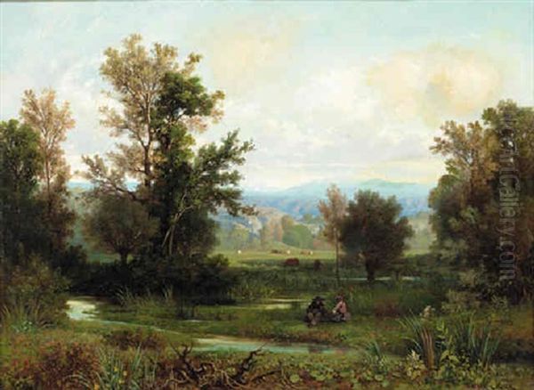 A Couple Seated On A Riverbank With The Alps Beyond Oil Painting by Antoine Claude Ponthus-Cinier