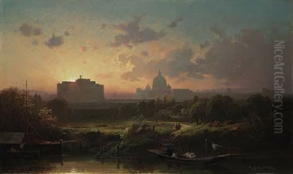 Rome At Sunset With St. Peters And The Castel Sant'angelo Oil Painting by Antoine Claude Ponthus-Cinier