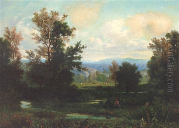 Les Tombiers (an Extensive Pastoral Landscape) Oil Painting by Antoine Claude Ponthus-Cinier