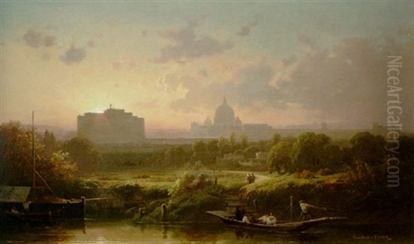 Rome At Sunset With St. Peters And The Castel Sant'angelo Oil Painting by Antoine Claude Ponthus-Cinier