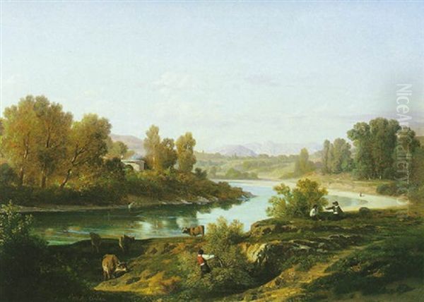 Bord De Riviere Anime Oil Painting by Antoine Claude Ponthus-Cinier