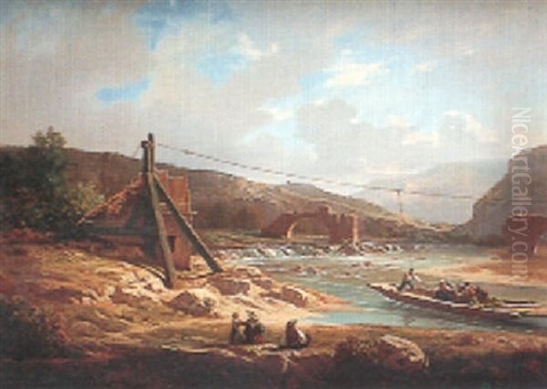 Le Bac Du Pont Rompu Oil Painting by Antoine Claude Ponthus-Cinier