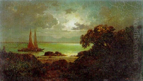 Effets De Nuit Sur Le Lac De Geneve Oil Painting by Antoine Claude Ponthus-Cinier