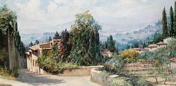 Tuscan Landscape With Cypress Trees Oil Painting by Giovanni Ponticelli