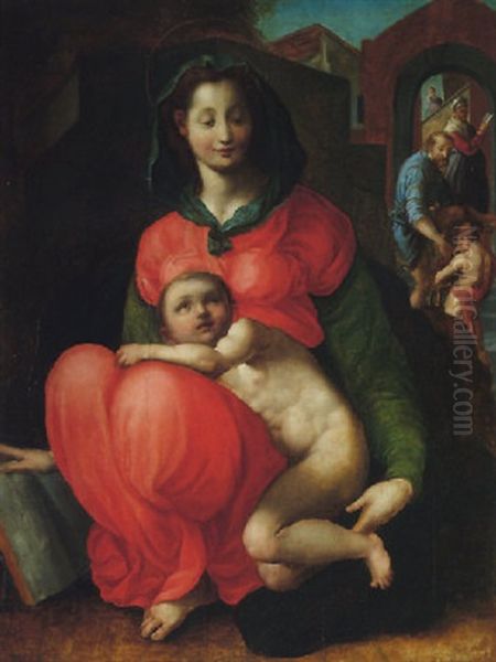 The Madonna And Child In A Landscape, Saint Joseph And The Infant John The Baptist Beyond Oil Painting by  Pontormo