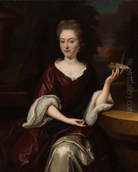 Portrait Of An Elegant Lady Seated By A Fountain Holding An Oyster Oil Painting by Juriaen Pool the Younger