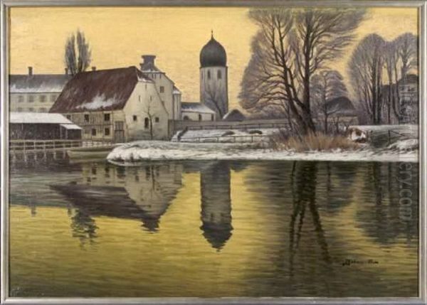 Blick Auf Die Benediktinerinnenabtei Frauenworth Im Chiemsee In Der Dammerung Oil Painting by Ferdinand Bohmer-Fest