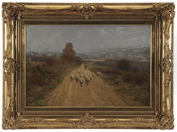 Shepherd Herding Sheep On A Road Oil Painting by Eugene Alonzo Poole