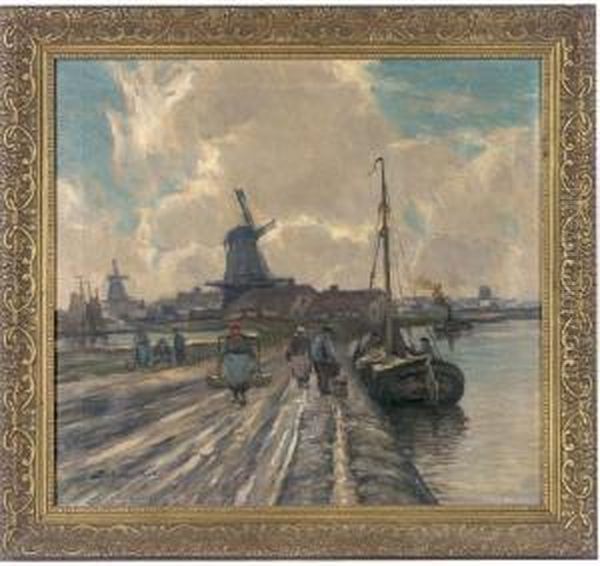 Unloading The Boat, Before A Windmill Oil Painting by Ferdinand Bohmer-Fest