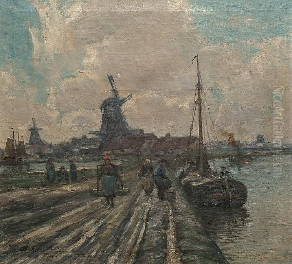 Dutch Workers With Windmills Beyond Oil Painting by Ferdinand Bohmer-Fest