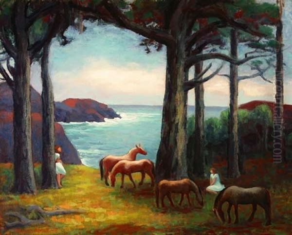 Figures And Horses In Coastal Landscape Oil Painting by Horatio Nelson Poole