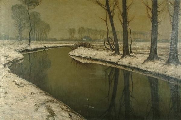 A Snowy River Landscape Oil Painting by Ferdinand Bohmer-Fest