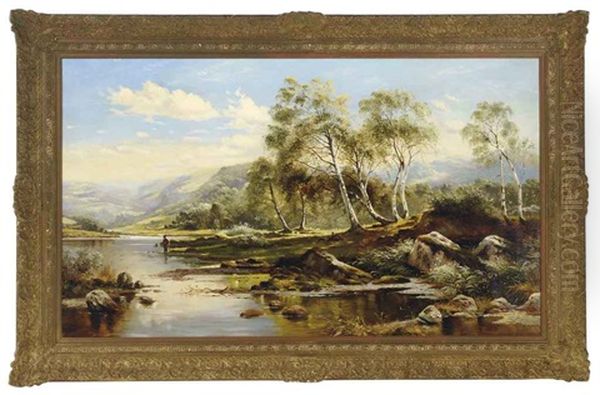 Fisherman In A River Landscape Oil Painting by James Poole