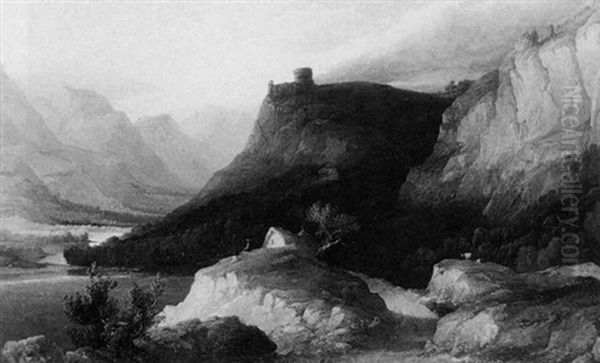 Figures Seated On A Rocky Ledge Overlooking A Lakeland Valley Oil Painting by James Poole