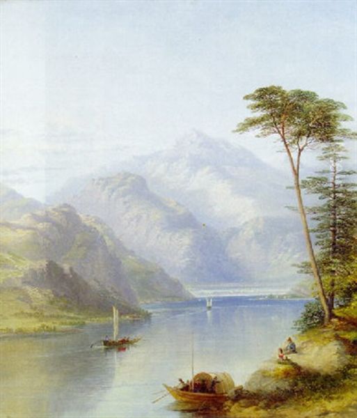 Figures Resting In An Alpine Lake Landscape Oil Painting by James Poole