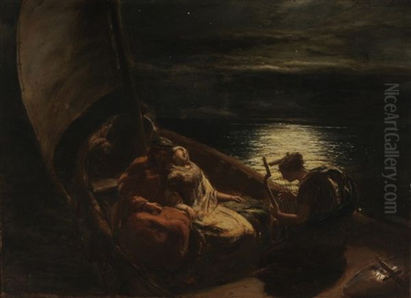 Lovers With Harpist In Moonlit Boat Oil Painting by Paul Falconer Poole