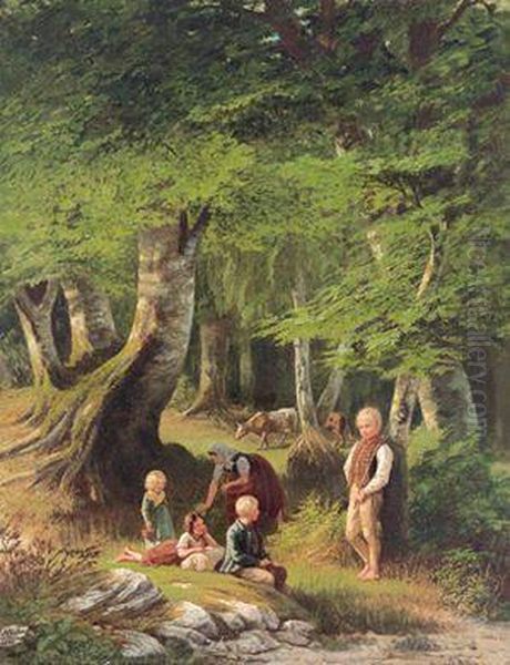 Die Kleinen Hirtenim Wald Oil Painting by Heinrich Bohn