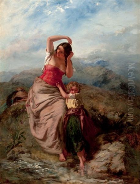 Woman And Child At A Mountain Stream Oil Painting by Paul Falconer Poole