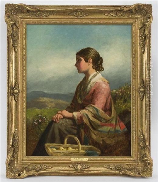 Portrait Of A Young Woman With A Fruit Basket In A Landscape Oil Painting by Paul Falconer Poole