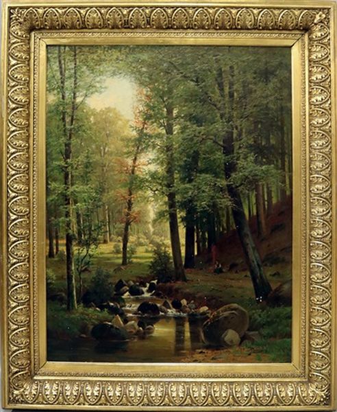 Sonnendurchfluteter Wald Mit Madchen, An Einer Feuerstelle Neben Einem Bachlauf Sitzend Oil Painting by Jacobus Johannes Van Poorten