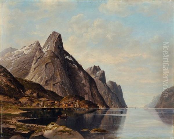 Norwegische Fjordlandschaft Mit Fischerbooten Oil Painting by Jacobus Johannes Van Poorten