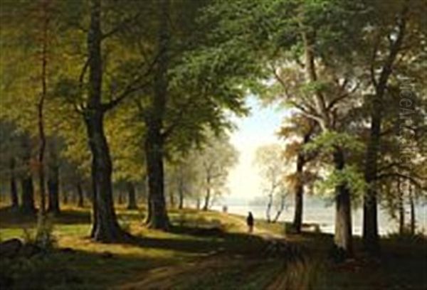 Forest Scape With People Strolling Along The Lakeside Oil Painting by Jacobus Johannes Van Poorten