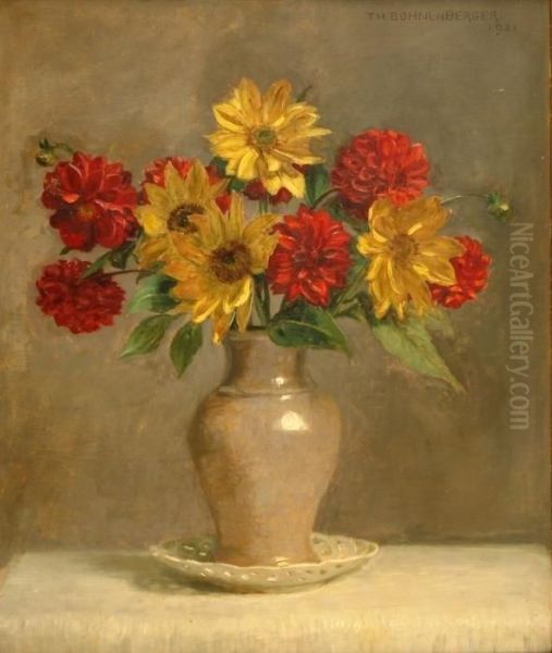 Floral Still Life With Sunflower And Red Dahlias In A Vase Oil Painting by Theodor Bohnenberger