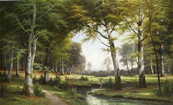 Angler Am Waldbach Oil Painting by Jacobus Johannes Van Poorten