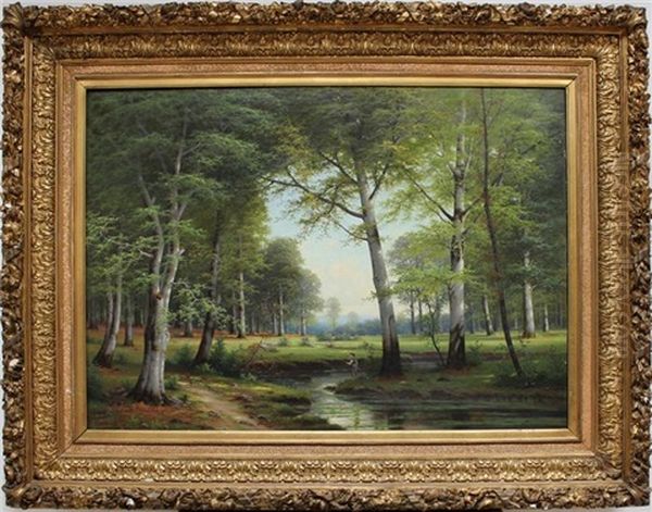 Waldinneres Mit Angelndem Jungen Am Flusslauf Oil Painting by Jacobus Johannes Van Poorten