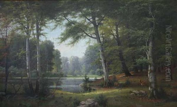 Laubwald Mit See Und Rotwild Oil Painting by Jacobus Johannes Van Poorten