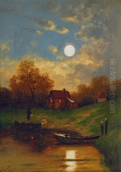 Winterhude In The Moonlight Oil Painting by Jacobus Johannes Van Poorten