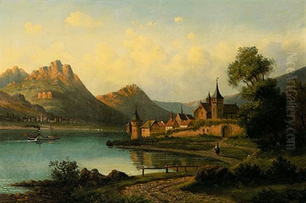 Romantische Rheinlandschaft Mit Raddampfer Oil Painting by Jacobus Johannes Van Poorten