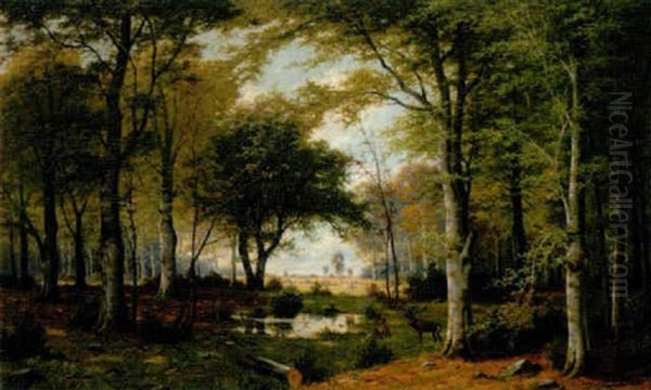 Rotwildrudel In Einer Waldlandschaft by Jacobus Johannes Van Poorten