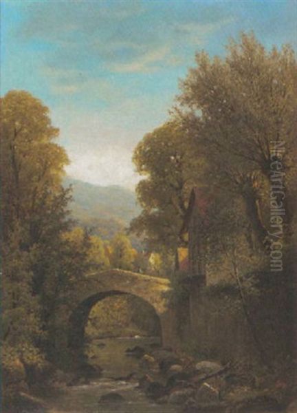 Flusidyll Mit Alter Steinerner Brucke Oil Painting by Jacobus Johannes Van Poorten