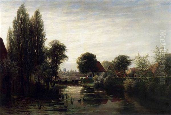 Niederlandisches Dorf Am Wasser - Sommerstimmung Mit Wascherin An Einer Brucke Oil Painting by Jacobus Johannes Van Poorten