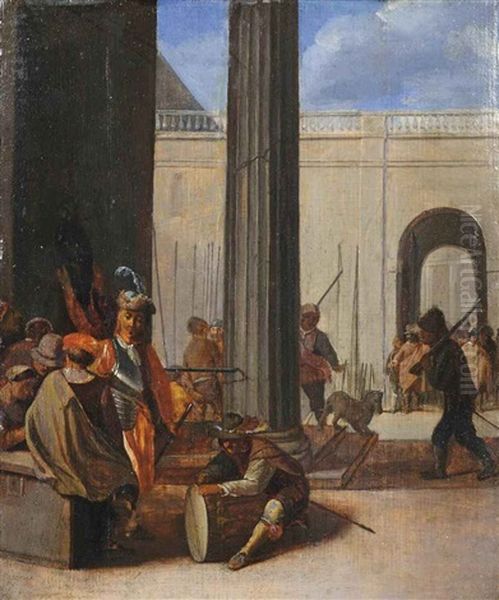 A Kortegaardje: Soldiers Conversing Amongst Classical Buildings Oil Painting by Willem De Poorter