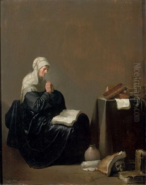 An Old Woman At Prayer With Vanitas Objects Nearby Oil Painting by Willem De Poorter