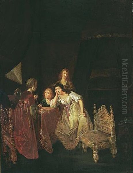 An Interior With A Maid Showing Pearls To Ladies, Another Maid Beyond And A Bed In The Background Oil Painting by Willem De Poorter