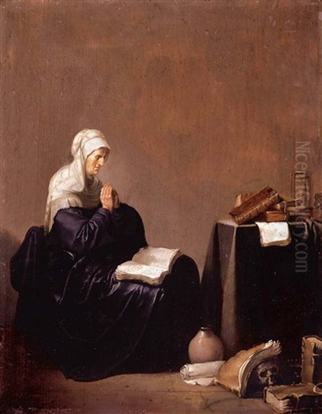 Interior With A Woman Praying At A Table, With Books An Hour Glass And Other Objects Oil Painting by Willem De Poorter