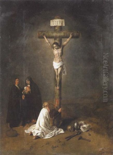 The Crucifixion With Saint Mary Magdalen At The Foot Of The Cross, A Male Donor Holding A Nautilus Cup Standing Next To The Virgin Oil Painting by Willem De Poorter