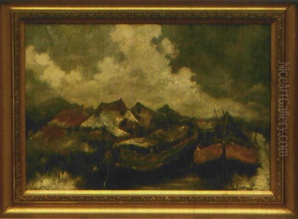 Winterliche Hafenansicht Mit Binnenschiffen Oil Painting by Johann H. Pootjes