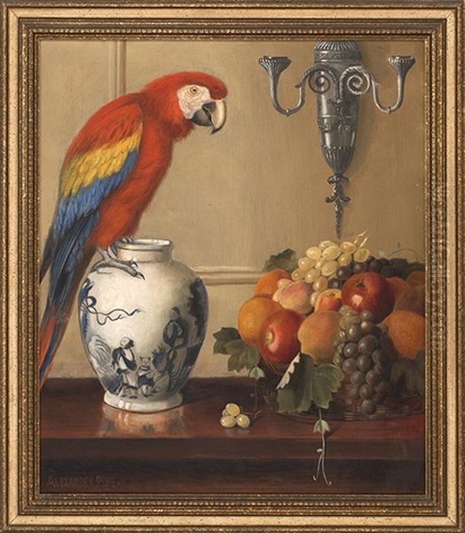 Still Life Of Macaw, Chinese Vase And Fruit Oil Painting by Alexander Pope