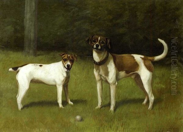 Beagle And Pup With Ball In A Landscape Oil Painting by Alexander Pope