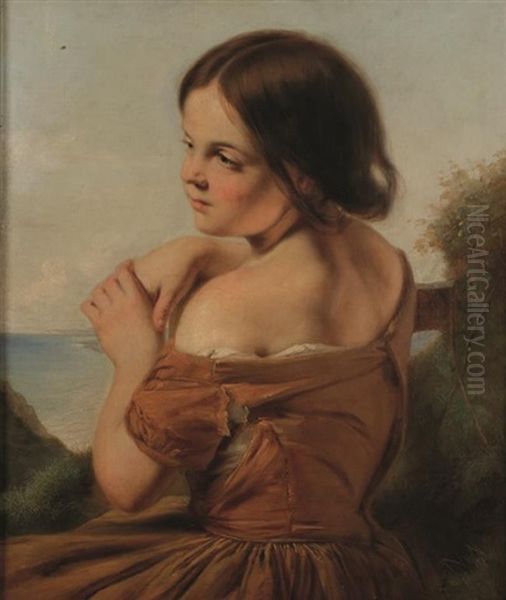 Gazing Out To Sea' A Study Of A Young Girl Oil Painting by Gustav Pope